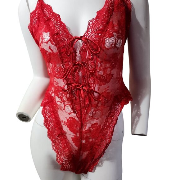 1980's-90's Victoria's Secret Gold Label Valentine Red Net Lace Teddy Lingerie - Picture 2 of 10